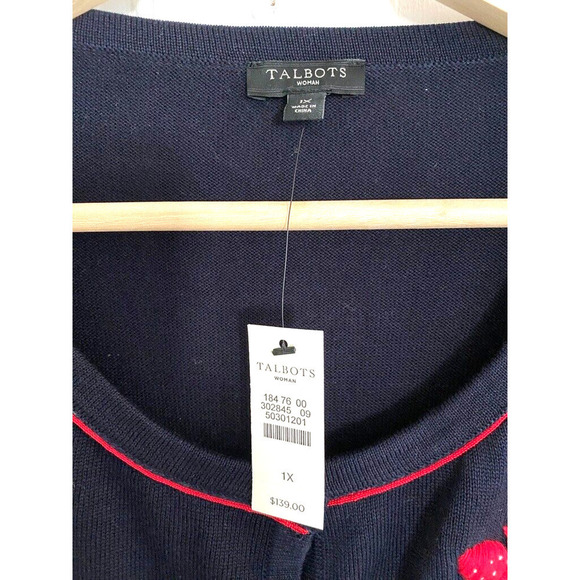 TALBOTS - Embroidered 3-D red Strawberries Knit Navy Cardigan Women's size 1X - Picture 3 of 5